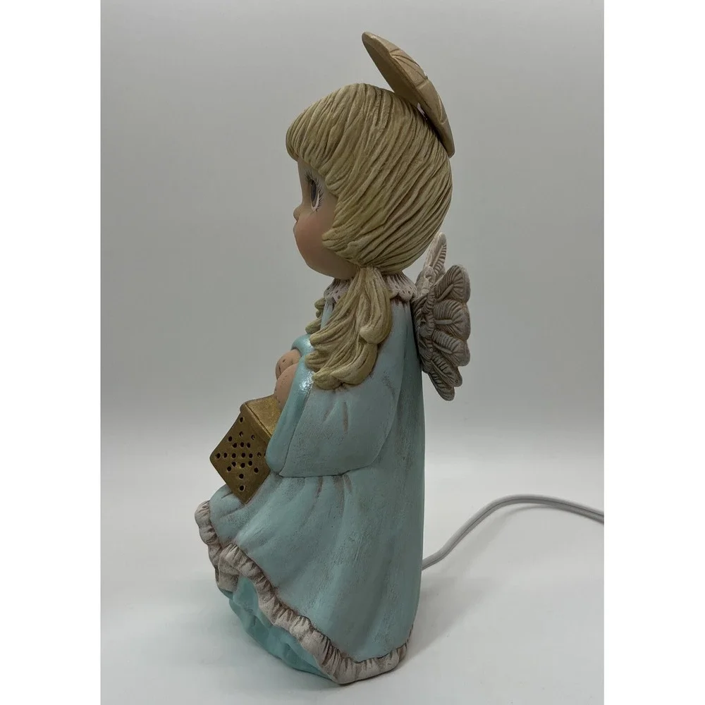 Vintage Angel Night Light Lamp Big Eyes Ceramic Figurine Blue Dress Halo Lantern